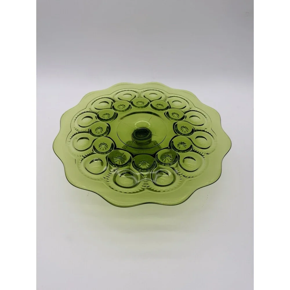 MCM LE Smith Moon & Star Cake Stand Heritage Green Art Glass Pastry Plate 11”